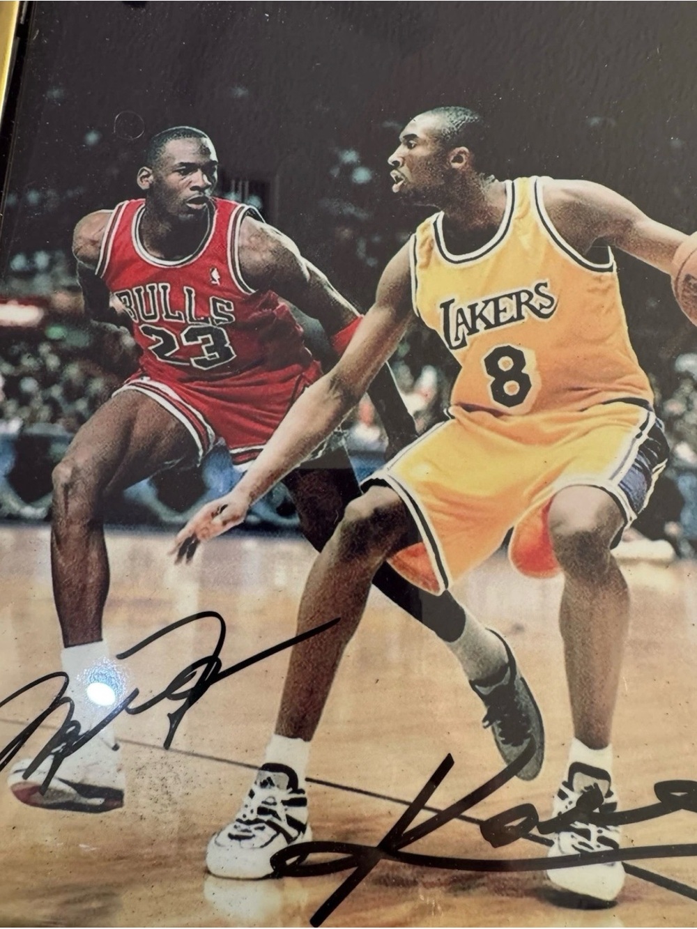 Signed Michael Jordan vs Kobe Bryant Basketball Print - Red & Yellow
